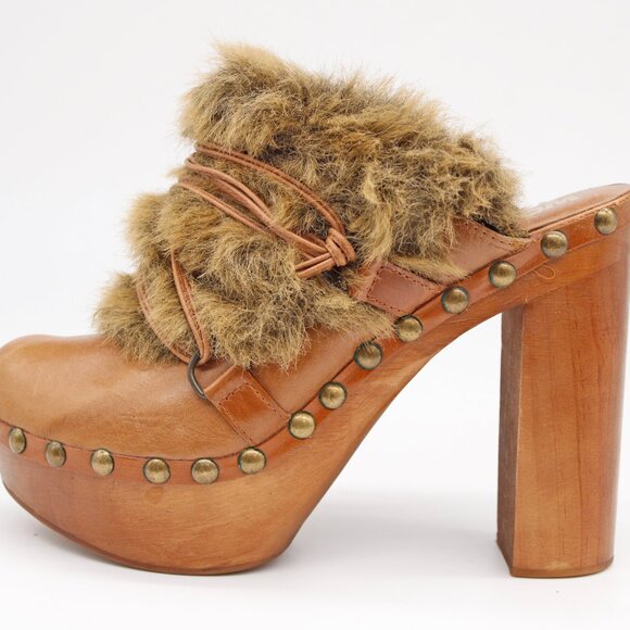 Jeffrey Campbell Woodies Women’s Brown Leather Fur Trim Clog: Size-EU 41/US 10 - Picture 3 of 10